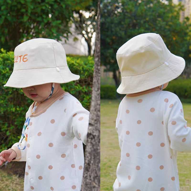 Caps Hats Double sided baby bucket hat with cute embroidered letters for children boys and girls fishermans Panama hat summer outdoor childrens sun ha