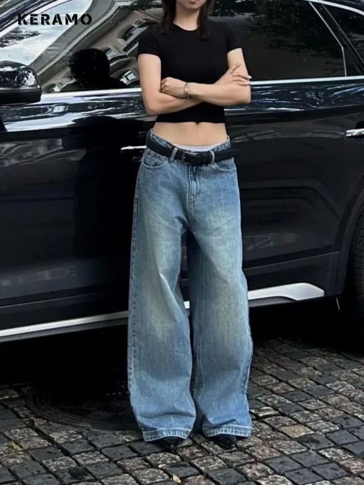 Vintage Aesthetic Emo Loose Washed Pants Summer Womens Casual Blue Harajuku Jeans Y2K Wide Leg Punk Baggy Denim Trouser 241218
