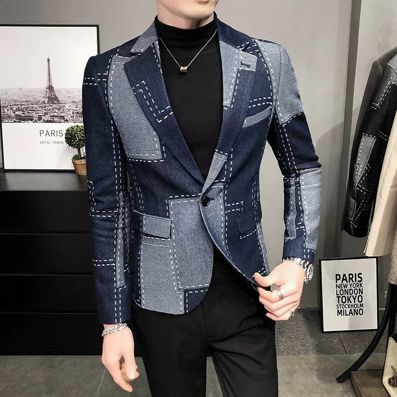 Fashion Patchwork Geometric Print Mens Blazer Vintage Hombre Casual Suit Men Jacket Autumn Plaid Stylish 241218