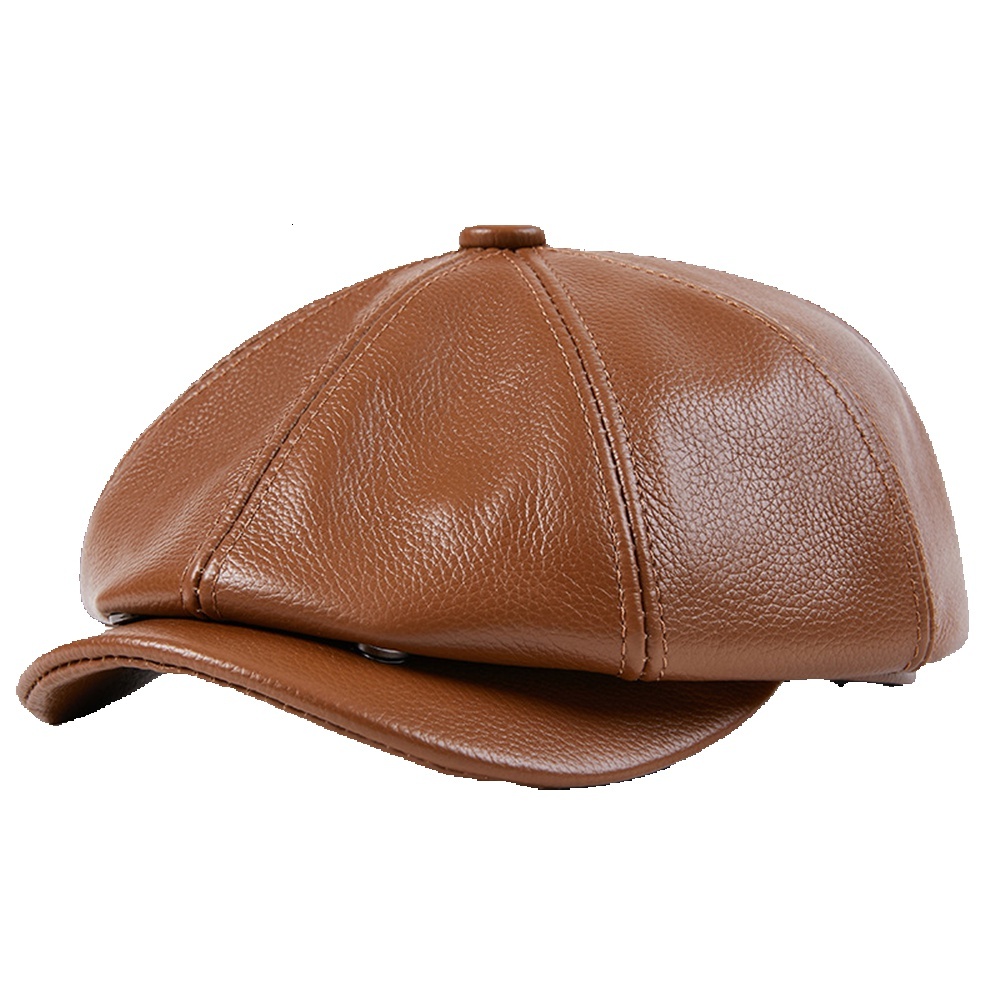 Genuine Leather Newsboy Cap Men High Quality Octagonal Hat Autumn Winter Beret Real Cowskin Flat Cap