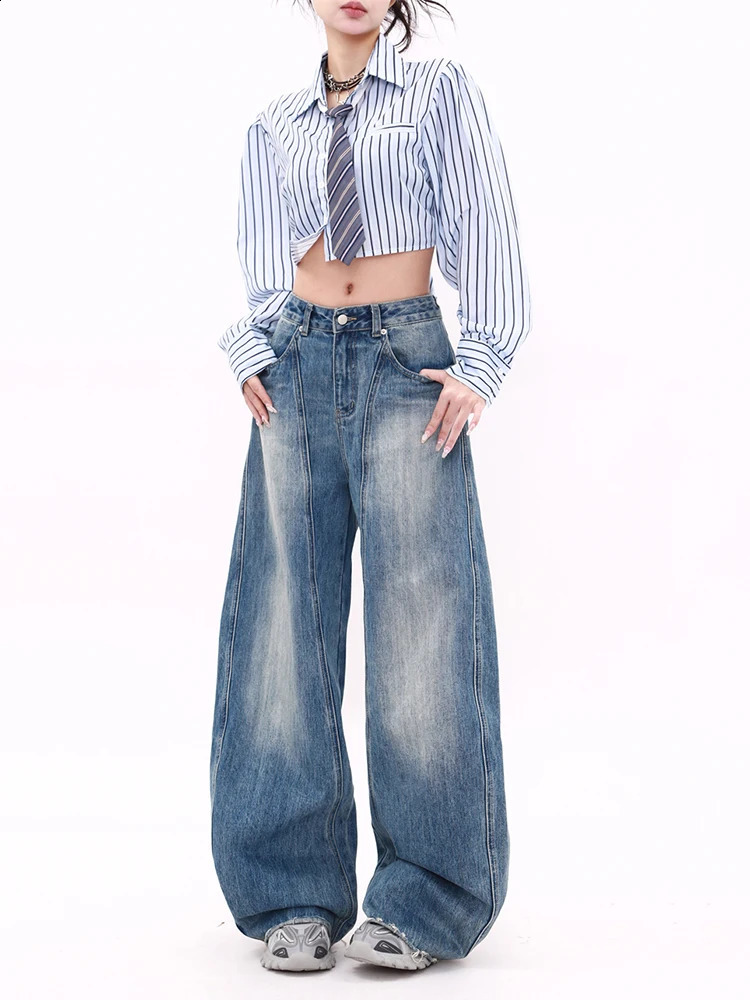 WCFCX STUDIO American Retro Washed Jeans Autumn Winter Loose Straight Trousers Fashion Casual Versatile Wide Leg Pants 241218