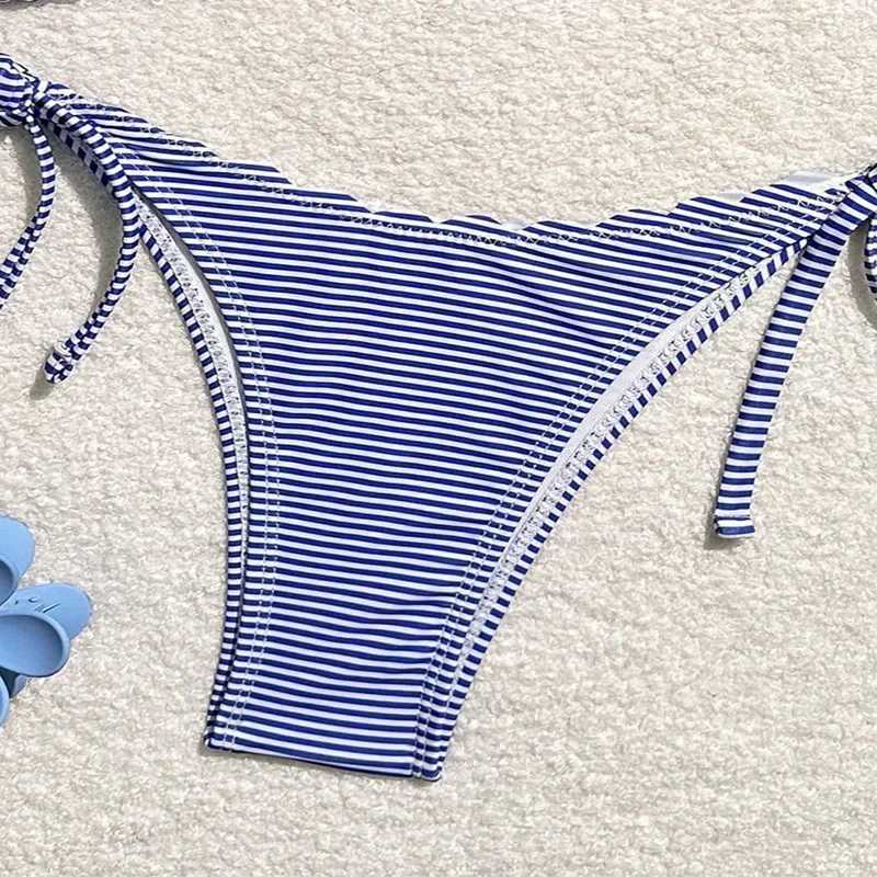 Blue Striped Print Swimwear Triangle Micro Bikini Set Mini Thong Sexy Swimsuit Women Halter String Bathing Suit Bikinis De MujerXJ241223