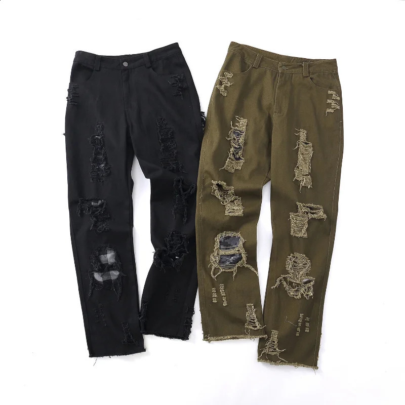 Streetwear Women and Mens Knife Ripped Jeans Embroidered Straight Loose Wide Leg Pants Hip Hop Cool Beggar Trousers Harem Pants 241223