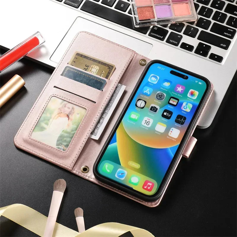 Long Lanyard Leather Wallet Card Phone Case For Iphone 16 15 14 Pro Max 13 12 11 X XS XR SE 2022 8 7 Plus Holder Cover Coque