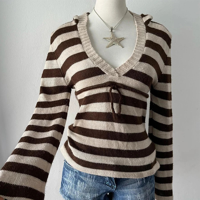 American retro Y2K womens casual knitted sweater sexy ultrathin chic fashion aesthetic Pullover Harajuku expression girl street clothing 241211