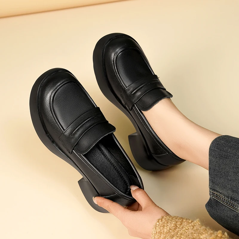 AIYUQI Women's Loafer Platform Spring Genuine Leather Ladies' Shoes British Style Retro Women's Slip-on Shoes