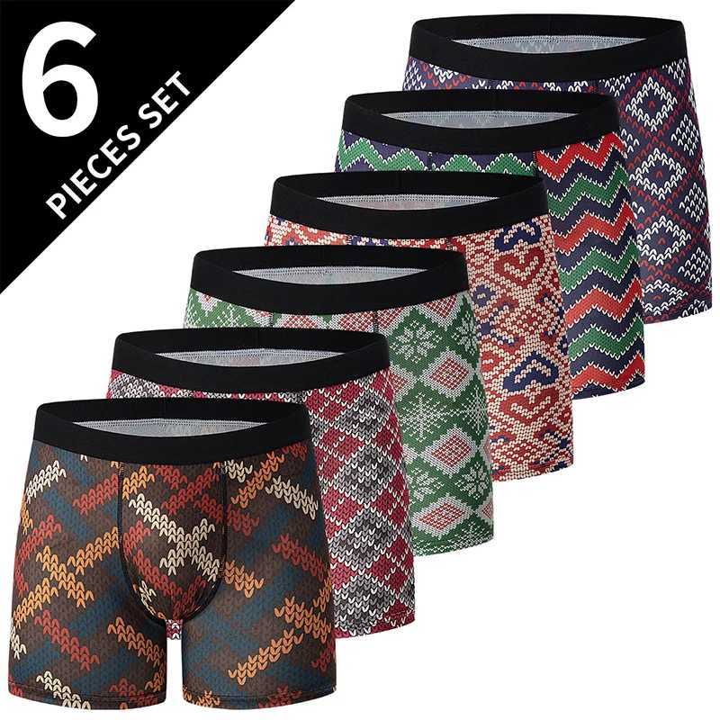 6-piece mens fashionable printed long boxer underwear comfortable plus size sexy shorts youth multi-color combination underwear W241223