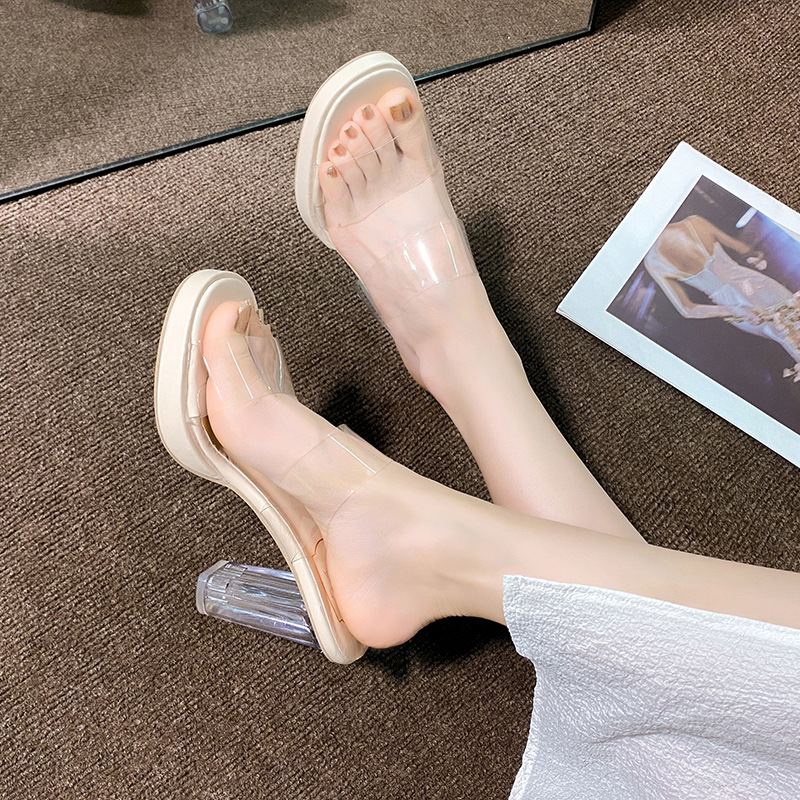 free shipping designer shoes Summer New One Word Transparent Strap Women's Large Square Head Thick High Heel Drag Sandals