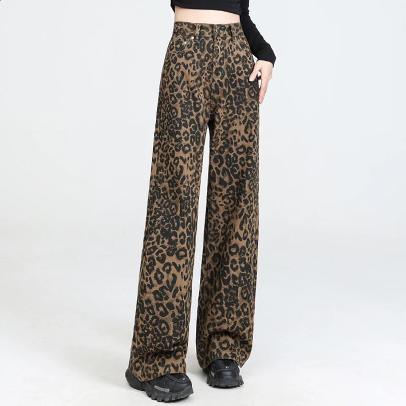American Retro Women Leopard Jeans Baggy High Waist All Match Casual Button Up Denim Pants Female Fall Wide Leg 241218