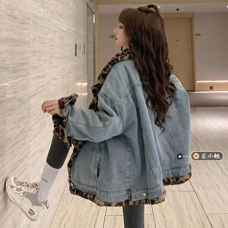 Womens Fur leopard-print Short Thick Mink Casual In The Autumn and Winter Lamb Wool Denim Two-sided Coat Jacket 241220