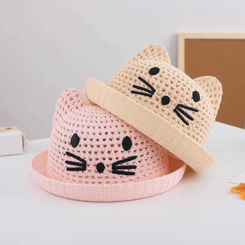 Caps Hats Summer Baby Fishermans Hat Cute Cartoon Cat Boys and Girls Bucket Hat Outdoor Breathable Mesh Childrens Panama Sun Hat H241223
