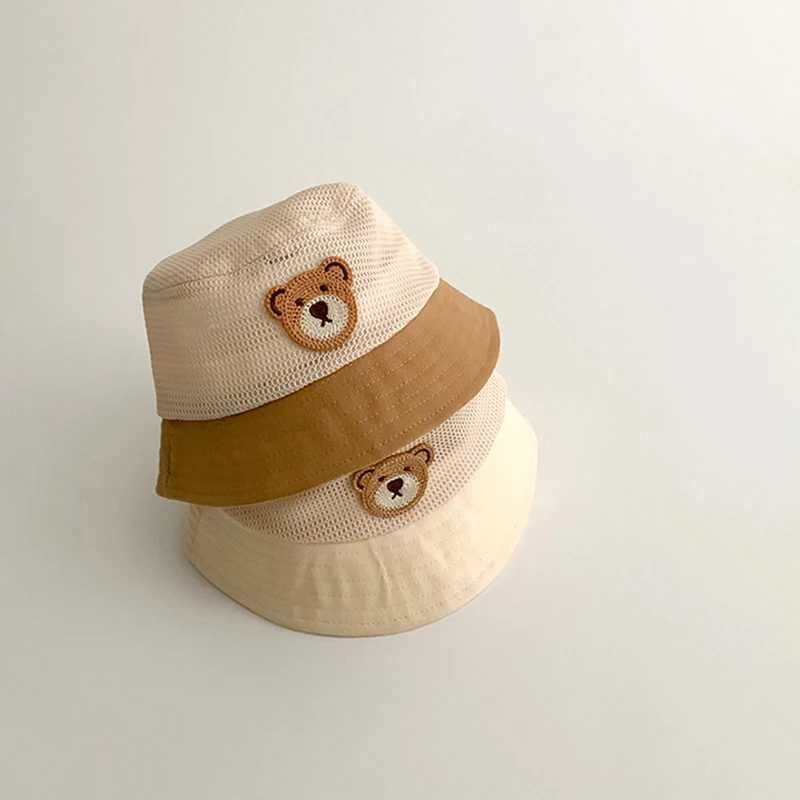 Caps Hats Baby Summer Bucket Hat Cute Bear Preschool Childrens Mesh Breathable Sun Hat Outdoor Beach Boys and Girls Panama Fishermans Hat H241223