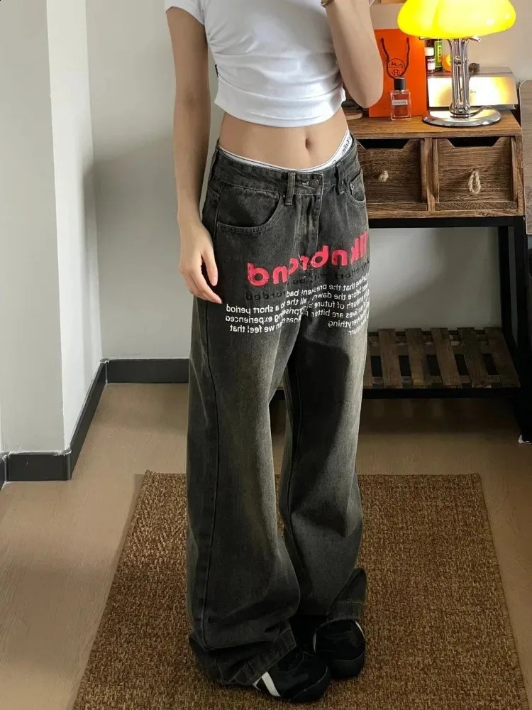 HOUZHOU Y2k Vintage Baggy Jeans Youthful Woman High S Denim Pants Korean Streetwear Oversized Trouser Spring Letter Print 241223