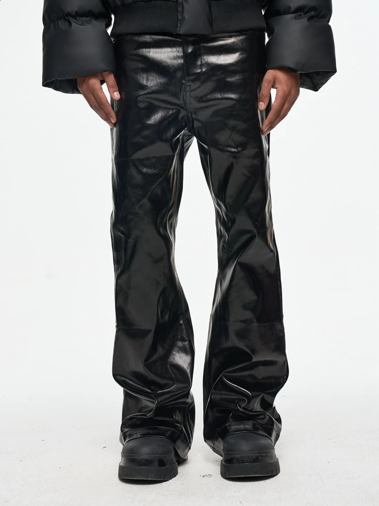 Black-coated Glossy Patent Leather Micro-lapped Jeans Japanese Streetwear Pants 241223