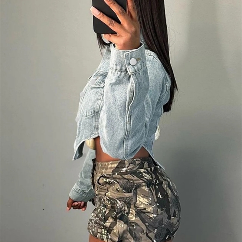 Fashionable womens cut denim jacket unique n hollow side suitable for regular style in all seasons 241211