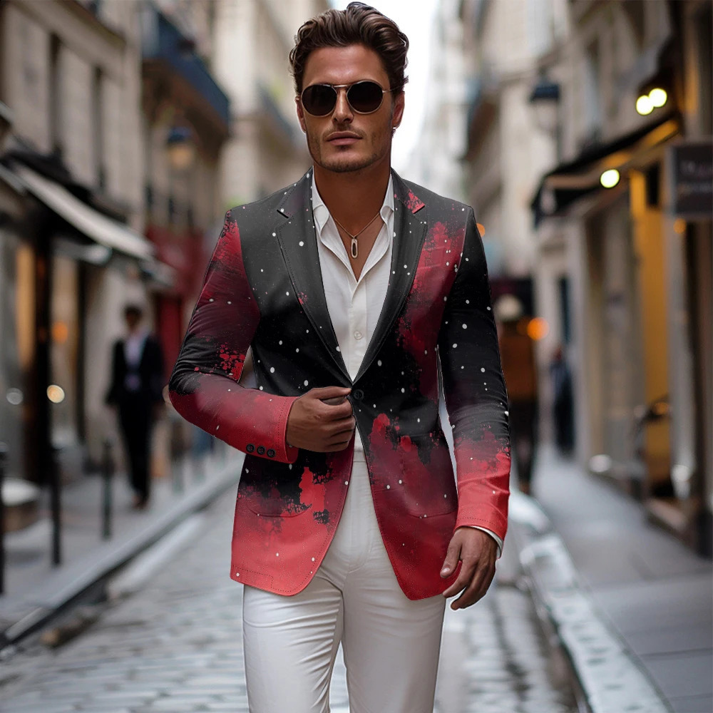 Mens Suit Jacket Autumn Slim Fit One Button Blazer Watercolor Red and Black Fashion Casual England Male Dress Coat 241218
