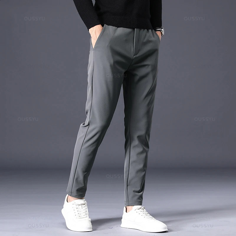 Winter Warm Mens Fleece Pants Thick Business Stretch Slim Fit Elastic Waist Jogger Korean Classic Black Gray Blue Trousers Male 241223
