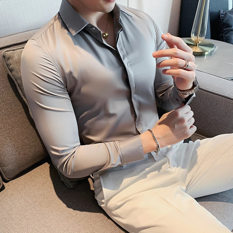 8 Colors High Quality Men Dress Shirt 2024 Autumn Long Sleeve Solid Concealed Placket Shirts Men Business Slim Fit Social Shirt 241223