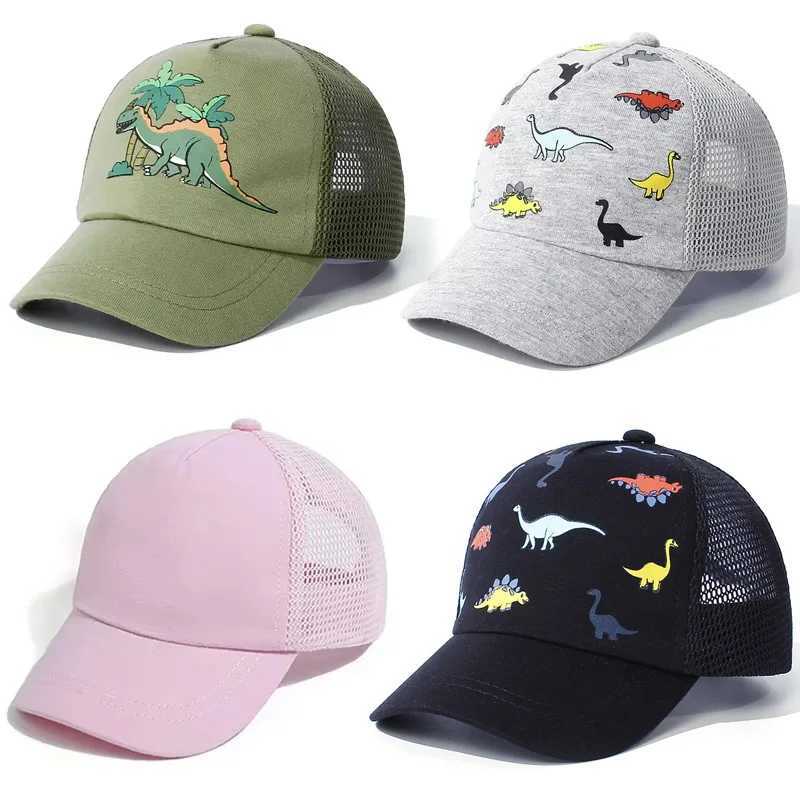 Caps Hats New Childrens Baseball Hats Cartoon Dinosaur Summer Boys and Girls Hats Sun Protection Casual Hats Mesh Breathable Childrens Accessories H24