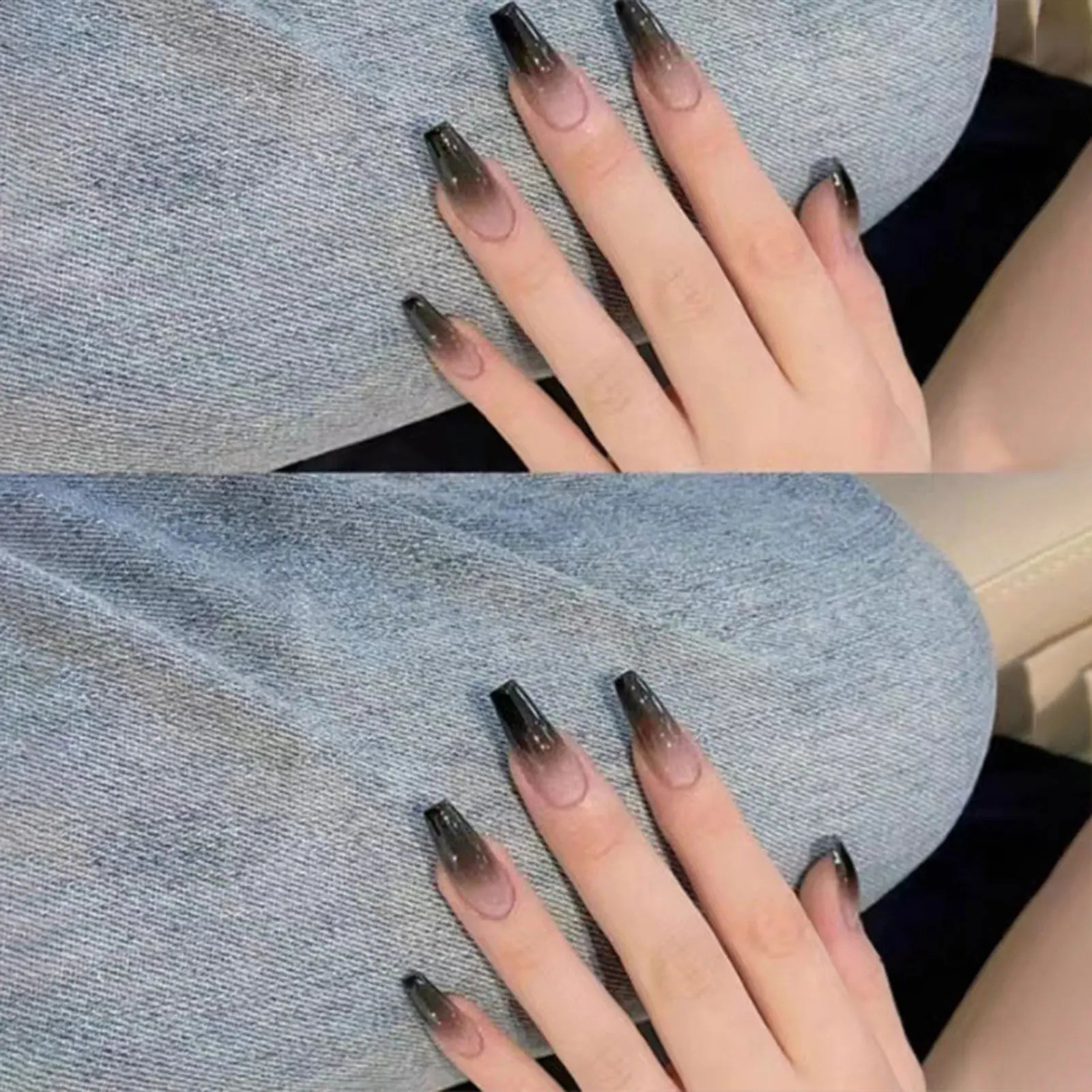 24pcs Cool Girl False Nails Press On Long Coffin Square Ballet Nail Tips Full Cover Acrylic Fake Nail With Black Gradient 241223