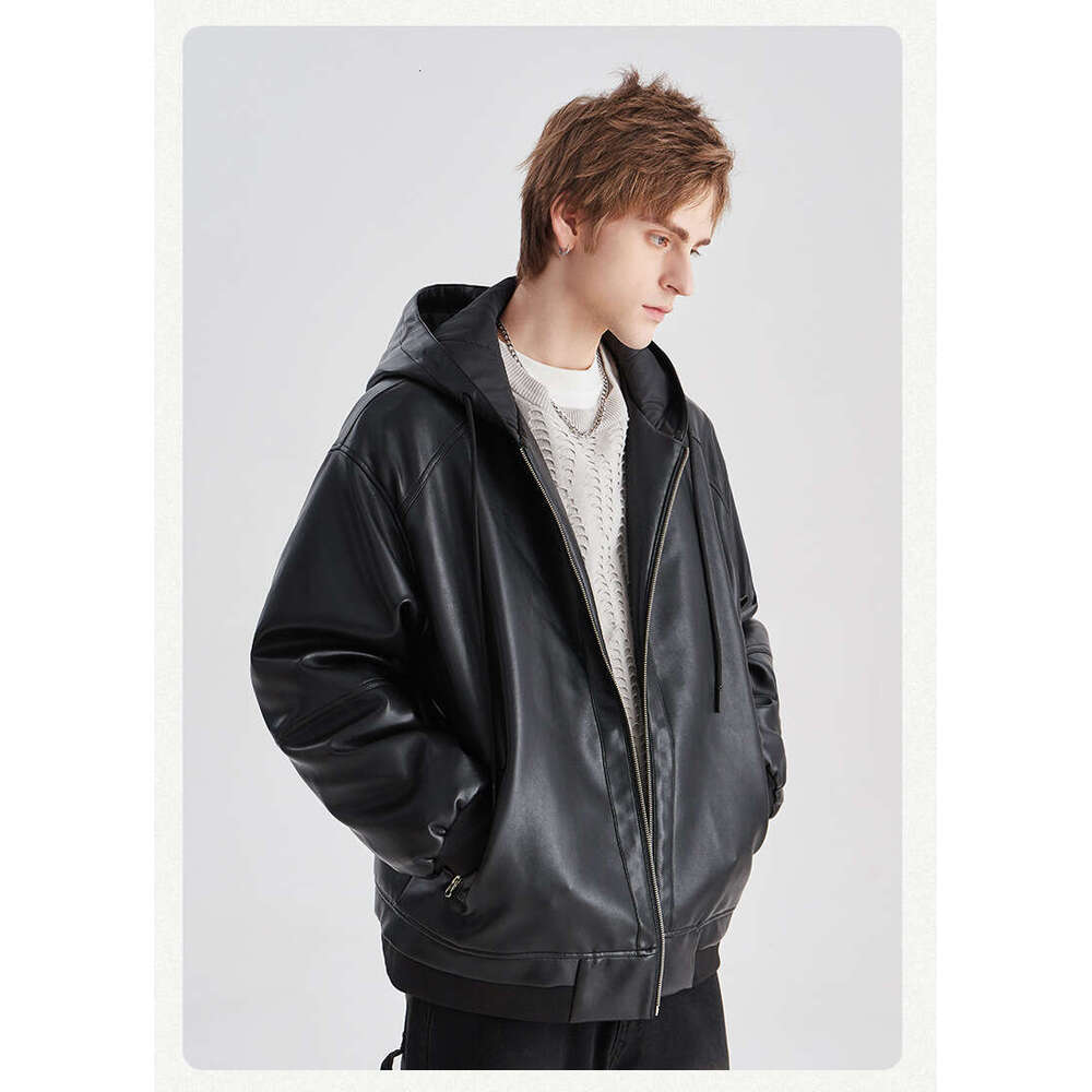 Wear Hooded Cotton Jacket Winter High End Trendy Thickened Warm Loose Zipper Leather Men's Coat