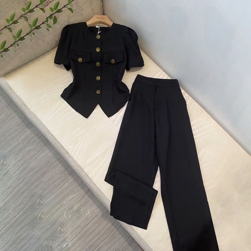 Fashionable Socialite Women's Stylish Irregular Bubble Sleeve Top Cardigan Wide Leg Pants Casual Suit Two-Piece Set For Woman