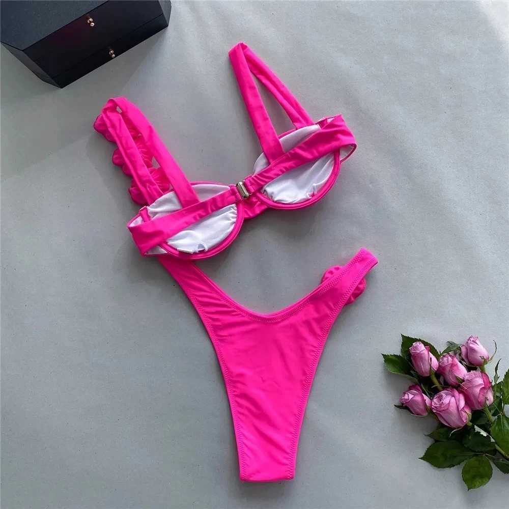 Sexy 3D Flower Rose Red Push Up Bikinis Sets Women Swimsuit 2024 High Leg Cut Swimwear Underwire Bathing Suit Micro Bikini MujerXJ241223