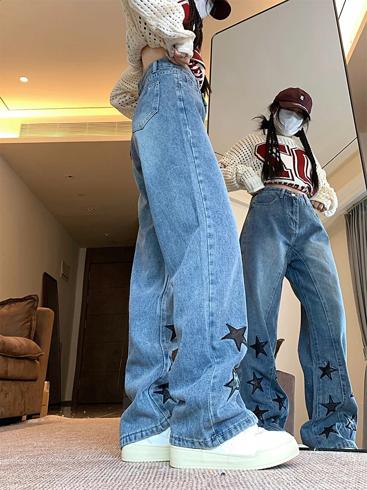 Baggy Jeans Women Star Patchwork Ins High Waist Y2k 2000s Autumn Slacks Mopping Trousers Cowgirl Clothes Streetwear Daily 241218