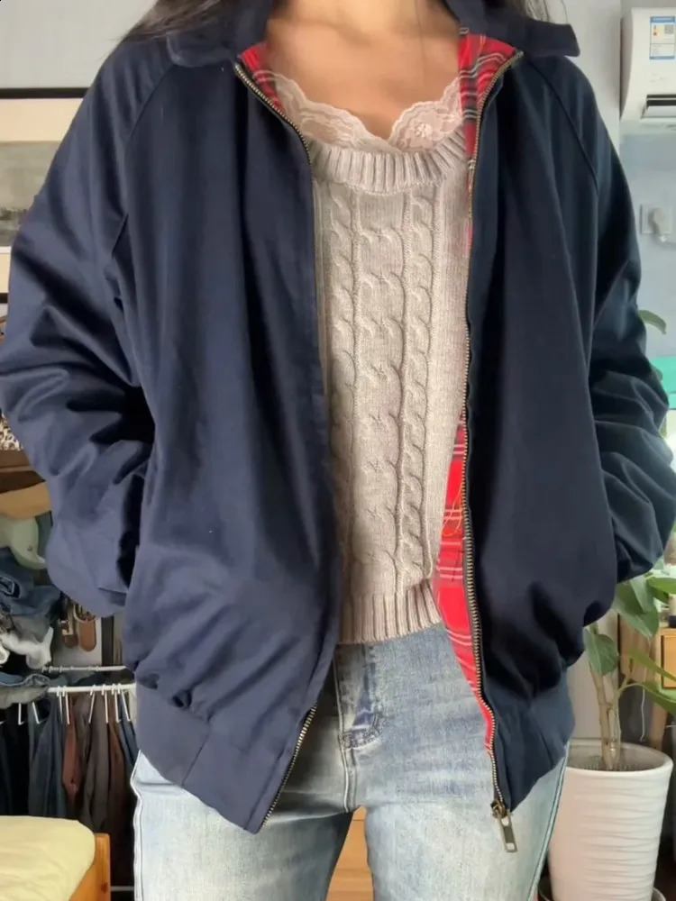 Casual Women Red Checkered Lining Jacket Coats Fall Retro Stand Collar Long Sleeves Solid Color Jakcets Female Chic Outwear 241223