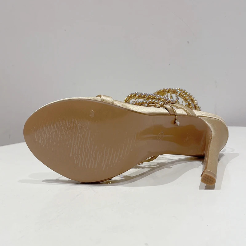 Eilyken Golden Crystal Womens Sandals Fashion String Bead Nightclub Stiletto Heel Wrap Strap Peep Toe Summer Shoes 241213