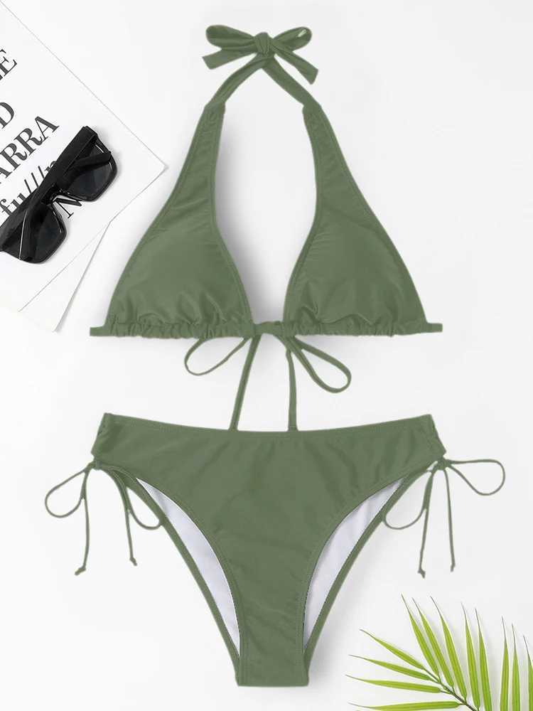 OIINAA Swimwear Women Sexy Halter Solid Bikini Set Drawstring Lace Up Swimsuit Bow Tie Biquinis Two-piece Bathing Suit SummerXJ241223