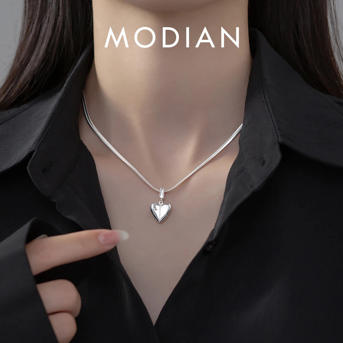 MODIAN 925 Sterling Silver Simple LOVE Heart Pendant Necklace Fashion Snake Chain Necklace For Women Fine Jewelry 241220