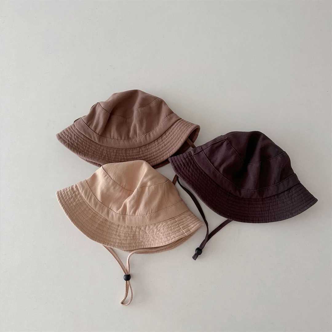 Caps Hats Solid color baby bucket hat summer wide brown childrens fisherman hat adjustable cotton childrens boys and girls Panama sun hat H241223