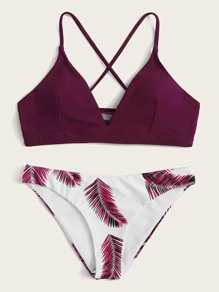 Sexy Bandeau Bikini Set Women Floral Random Print Bikini Set Push-Up Swimsuit Beachwear Padded Swimwear Bathing SuitXJ241223