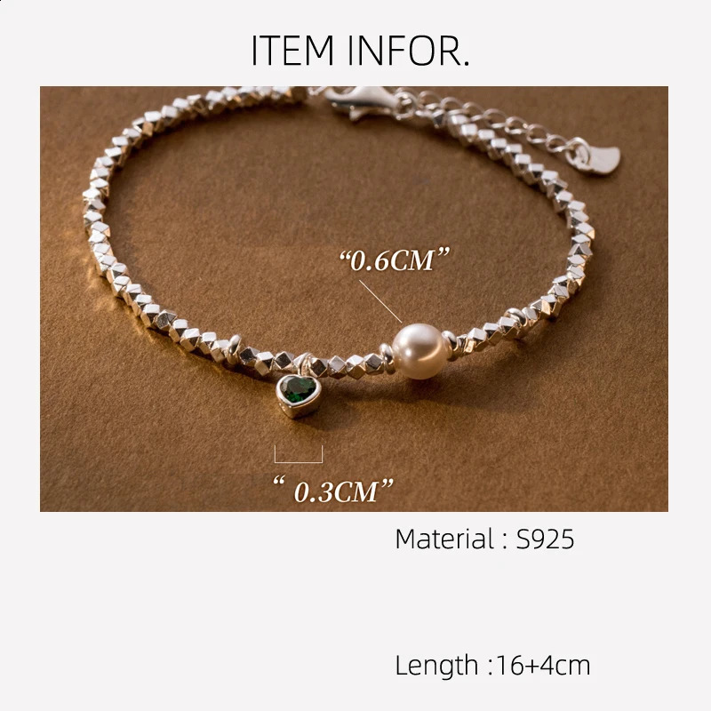 164cm Synthetic Pearls Bracelets For Women Silver 925 Sterling Green Heart Square Silver Bead 925 Silver Womens Bracelet 241220