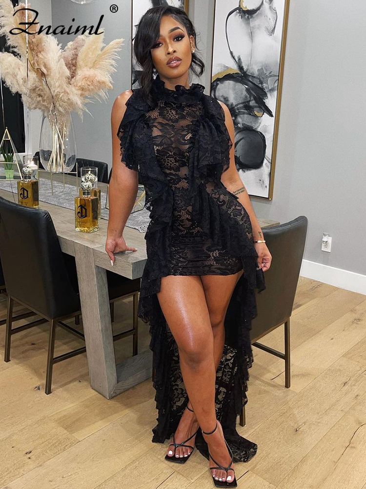 Znaiml 2023 Sexy Floral Lace Sheer Cocktail Evening Dresses for Women Ruffles Hem Bodycon Maxi Dress Elegant Birthday Outfits