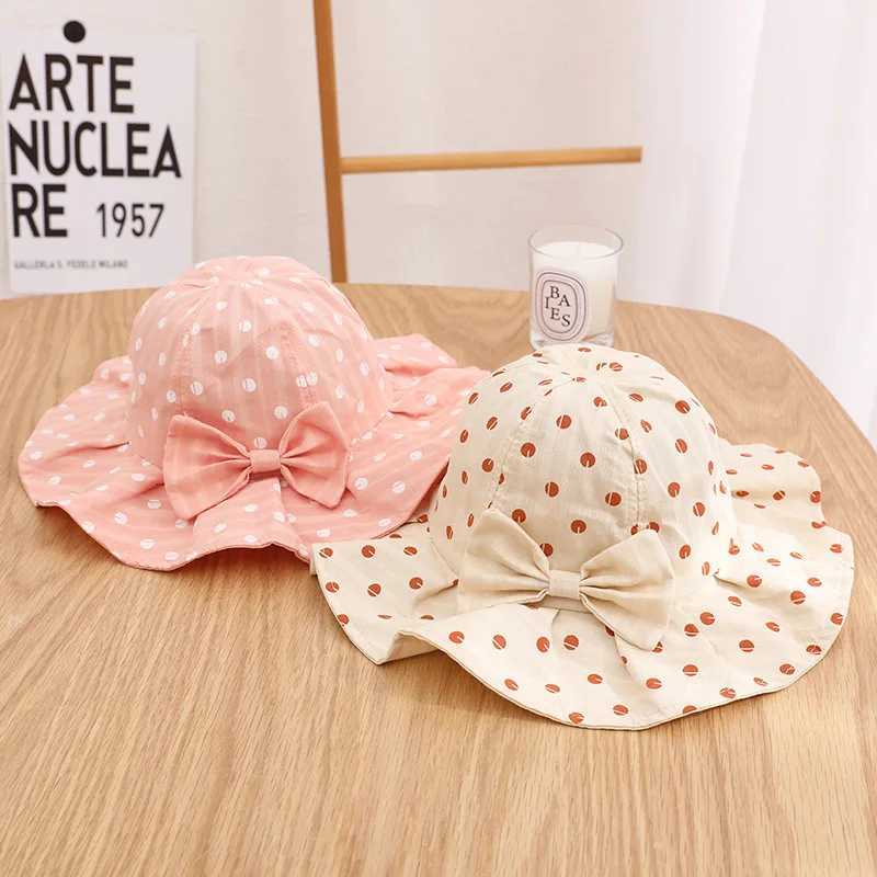 Caps Hats Cute bow decoration baby hat with new pleated edge printing bucket suitable for girls children outdoor adhesive cotton fishermans sun H24122