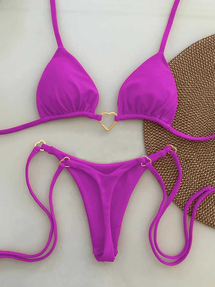 OIINAA Bathing Suit Women Sexy Solid Swimsuit Heart Metal Ring Bikini Set Drawstring Two-piece Beach Wear Lace Up Split BiquinisXJ241223