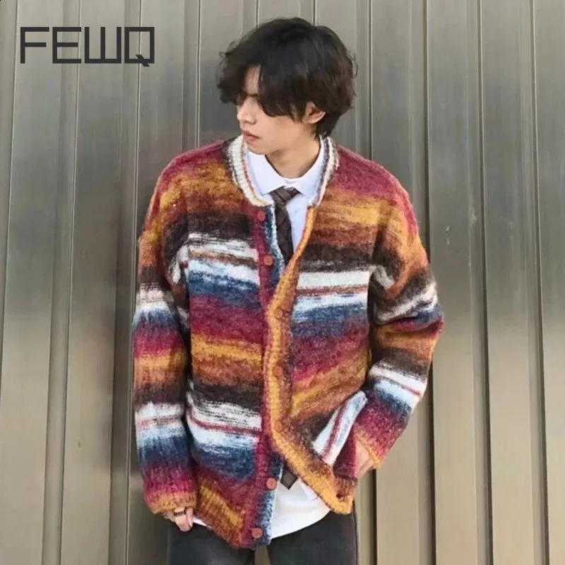 FEWQ American Contrasting Cardigan Sweater Knitted Mens Loose High Street Jacket Trendy Contrast Color Male Tops 24E1955 241223