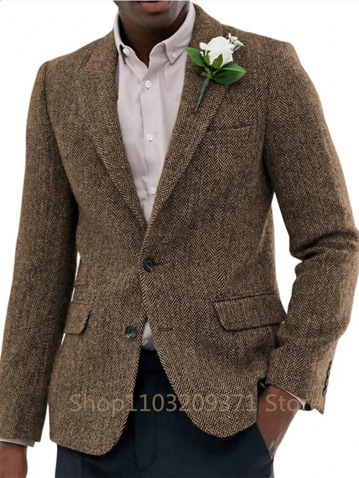 1 Piece Brown Business Suits Men Herringbone Notch Lapel Tuxedo Wedding Prom Party Grooms Blazer Masculino 241218