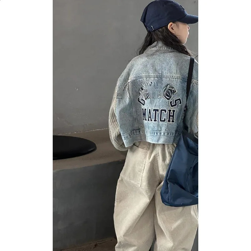 Girls Denim Jackets Childrens Autumn Jackets Boys Medium Large Kids Wool Long Sleeved Clothes Lapel Denim Cardigan Jackets 241223