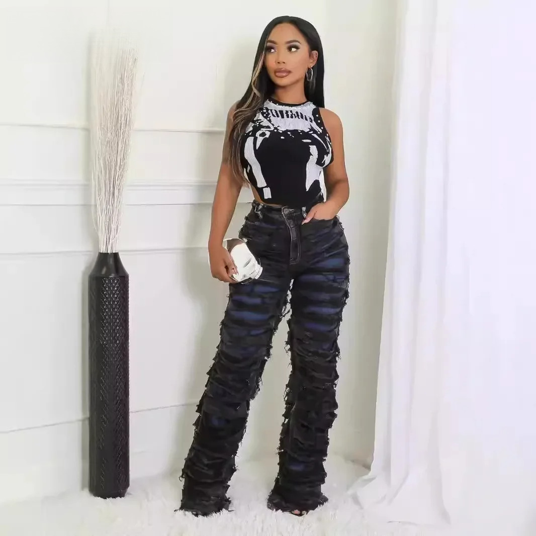 Street Denim Women Ripped Out Striped High Waist Zipper Jeans Fall Trousers Streetwear Straight Party Pants