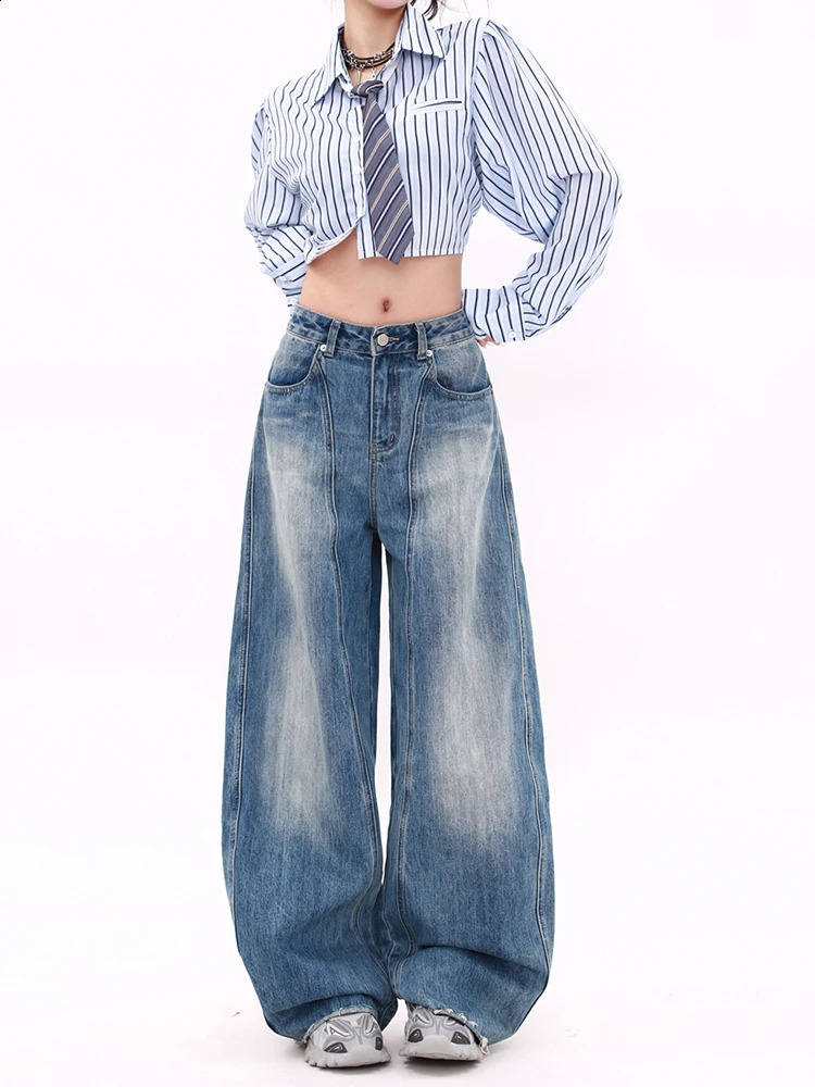 WCFCX STUDIO American Retro Washed Jeans Autumn Winter Loose Straight Trousers Fashion Casual Versatile Wide Leg Pants 241218