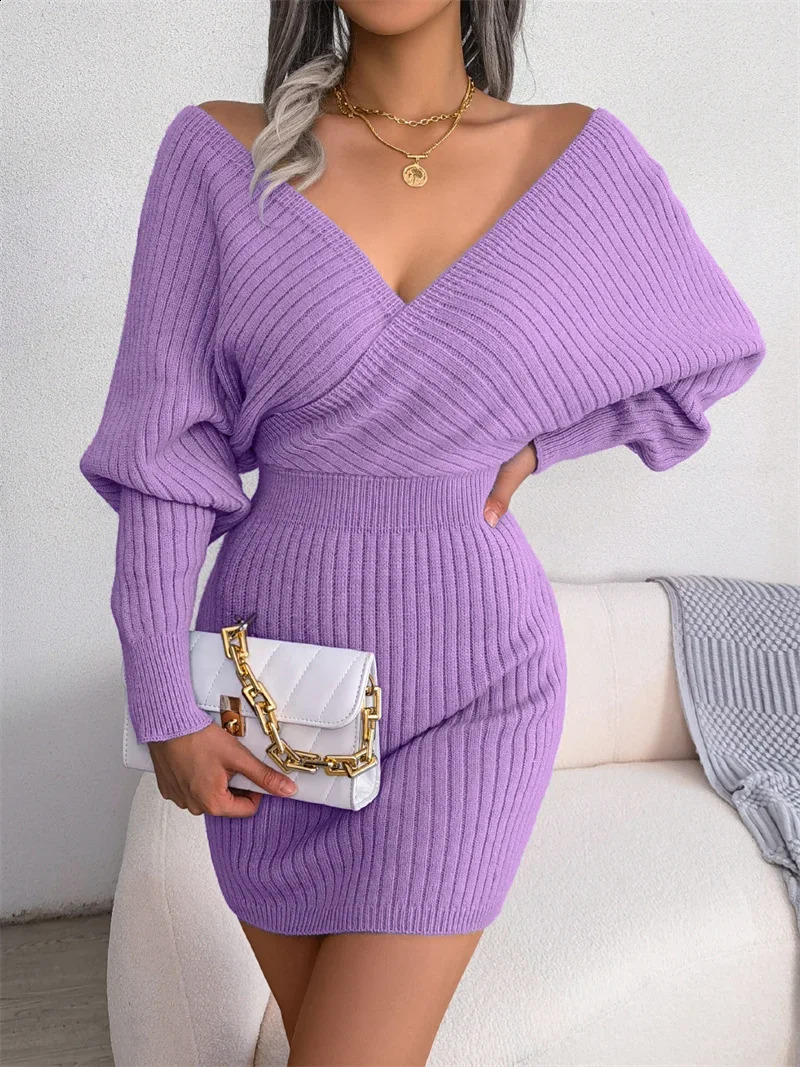 Autumn Winter Sexy Deep V Neck Sweater Dress Fashion Casual Batwing Sleeves Women Pencil Skirt Wrap Hip Dresses Streetwear 241218