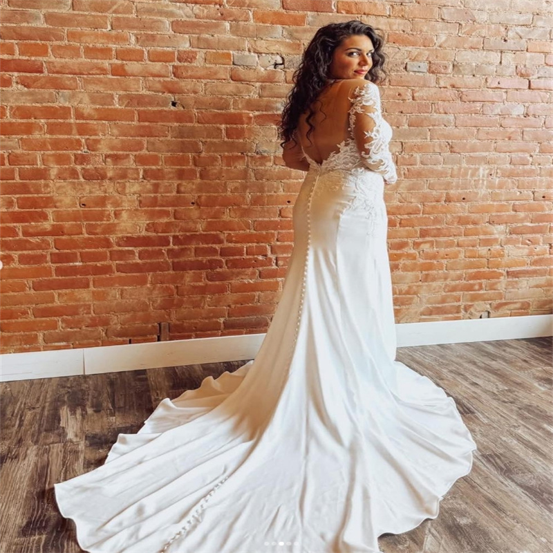 Elegant Lace Mermaid Wedding Dresses Long Sleeve Plus Size Bridal Dress Court Train Satin Country Bride Dress Gelinlik Robe De Mariage Backless Vestio