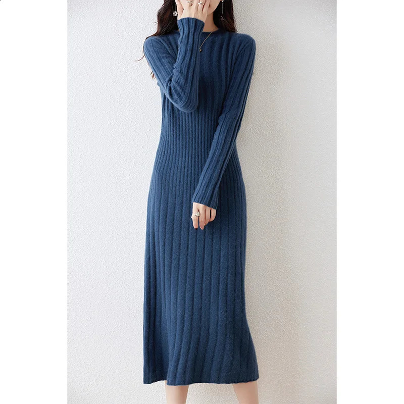100% Merino Wool Long Sweater Dress Autumn And Winter Womens Striped Round Neck Pleated Skirt Pullover 241218