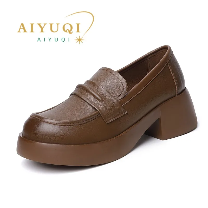 AIYUQI Women's Loafer Platform Spring Genuine Leather Ladies' Shoes British Style Retro Women's Slip-on Shoes