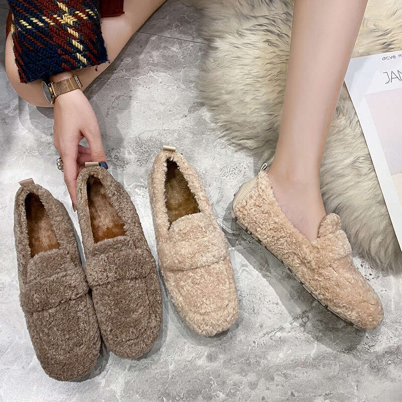 Lambs, Edamame Women's Autumn And Winter With Thick Velvet Sole, One Foot On Top, Hairy Shoes, Cotton Scoop Shoes For Outer Wear, Size 41-43