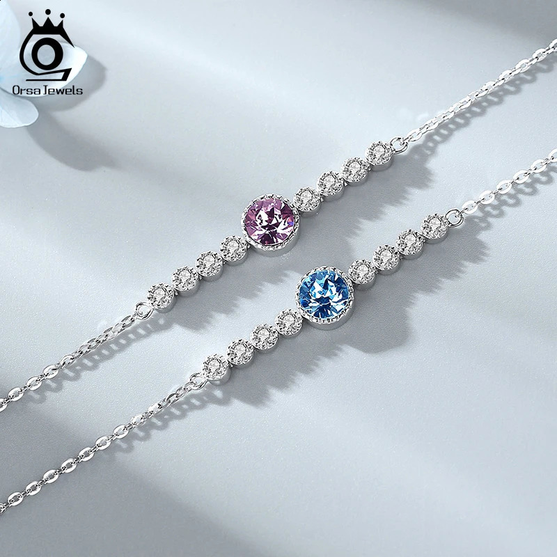 ORSA JEWELS Blue Cubic Zirconia Bracelet Chain Women Gift 925 Sterling Silver Charm Round Pink Crystal Bangle Exquisite SWB03 241214