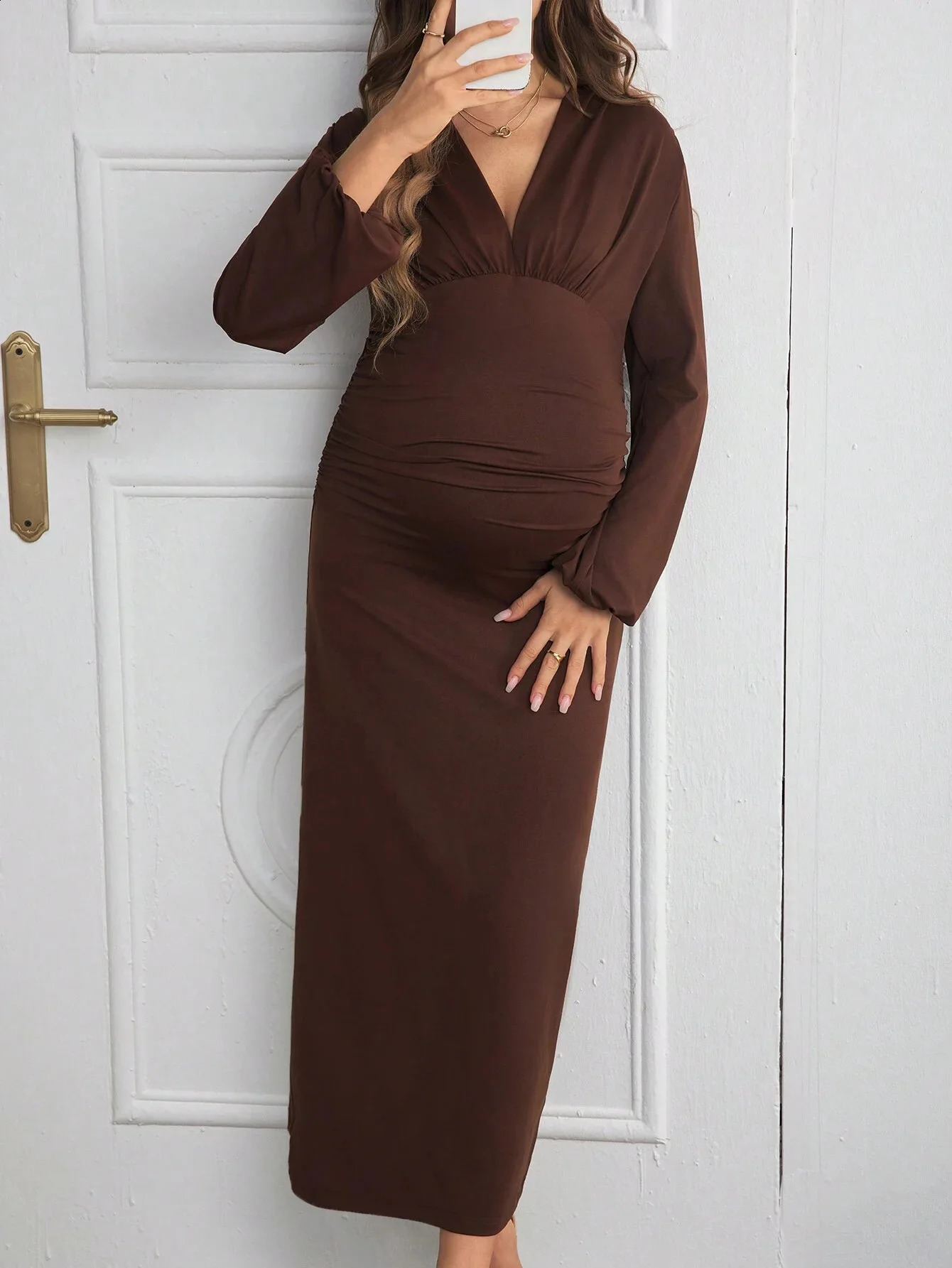 Casual Long Sleeve Dresses For Pregnant Women Spring V-Neck High Waist Poshoot Dress Maternity Maxi Boho Vestidos Clothes 241223